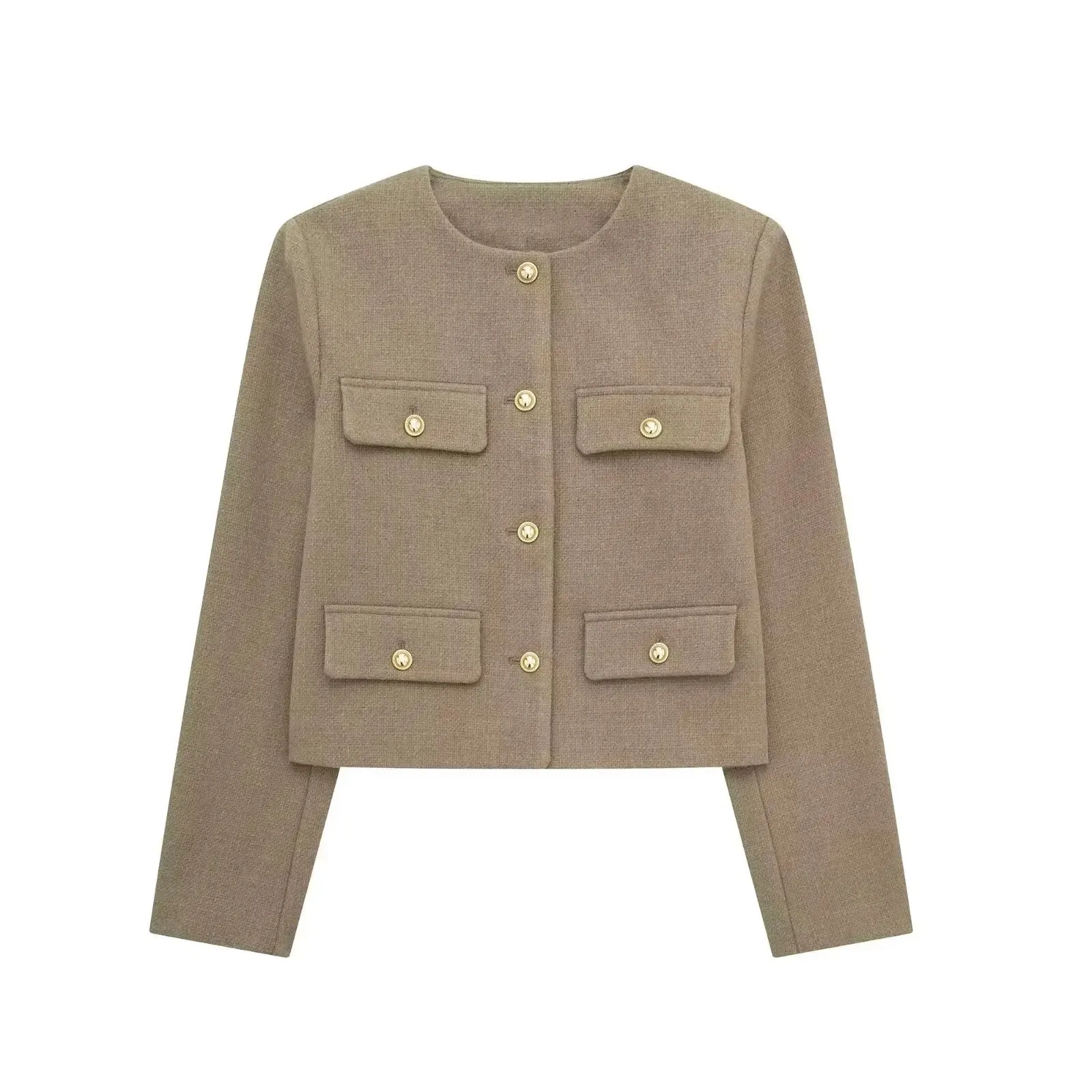 Trafza Frauen Mode Herbst Winter Einreiher strukturierte Rundhals ausschnitt Flip Pocket kurze Jacke Mantel schicke Damen Tops Mujer