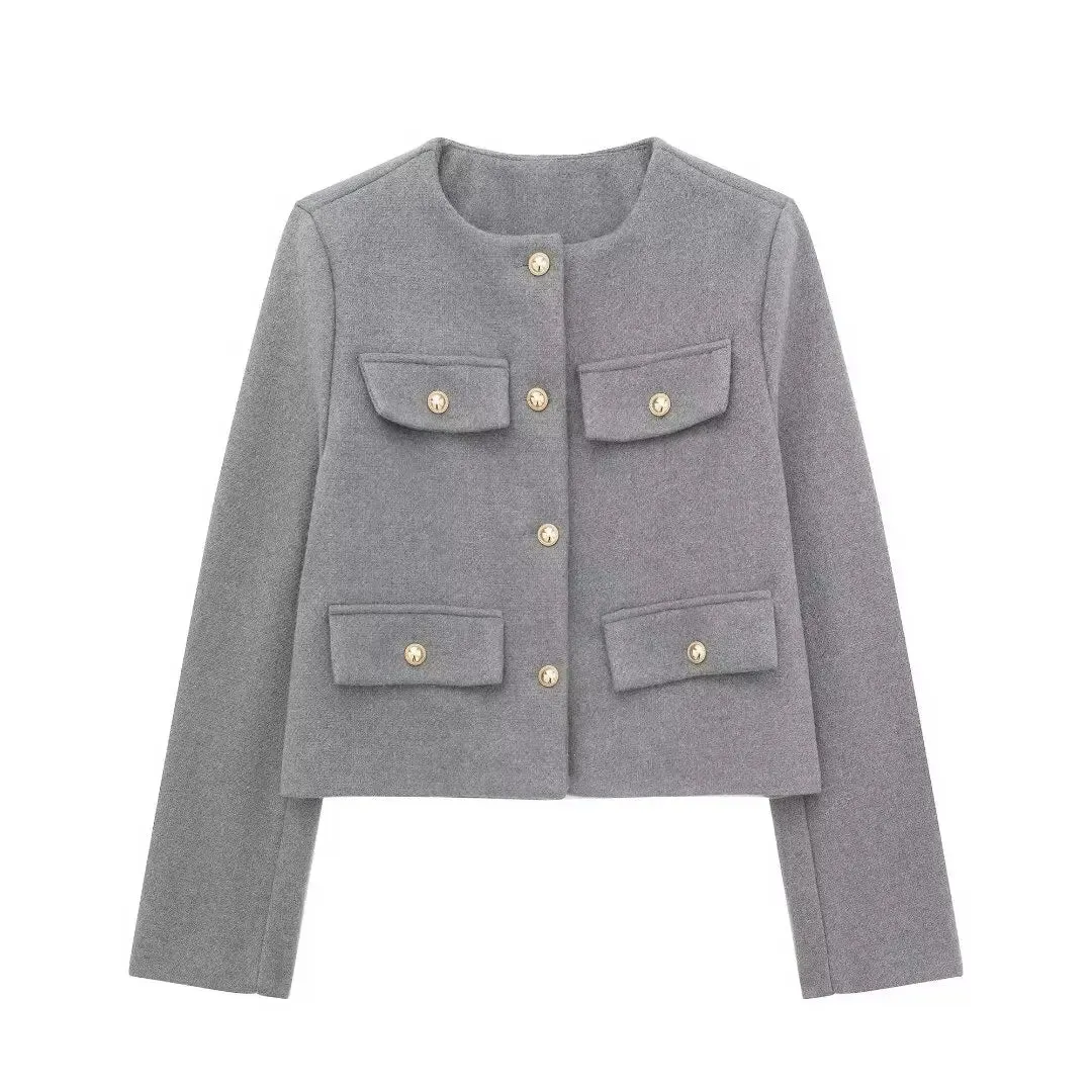Trafza Frauen Mode Herbst Winter Einreiher strukturierte Rundhals ausschnitt Flip Pocket kurze Jacke Mantel schicke Damen Tops Mujer