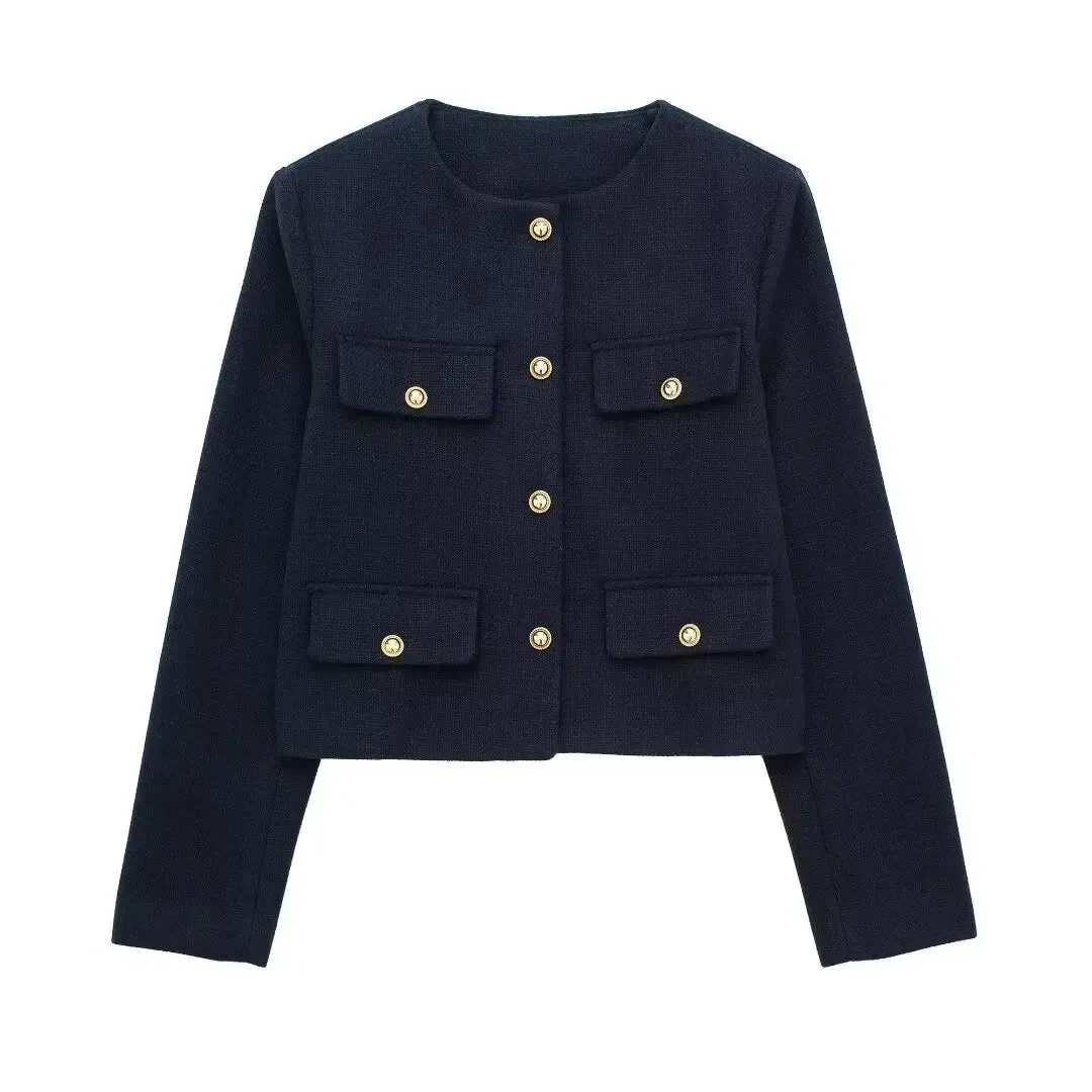 Trafza Frauen Mode Herbst Winter Einreiher strukturierte Rundhals ausschnitt Flip Pocket kurze Jacke Mantel schicke Damen Tops Mujer