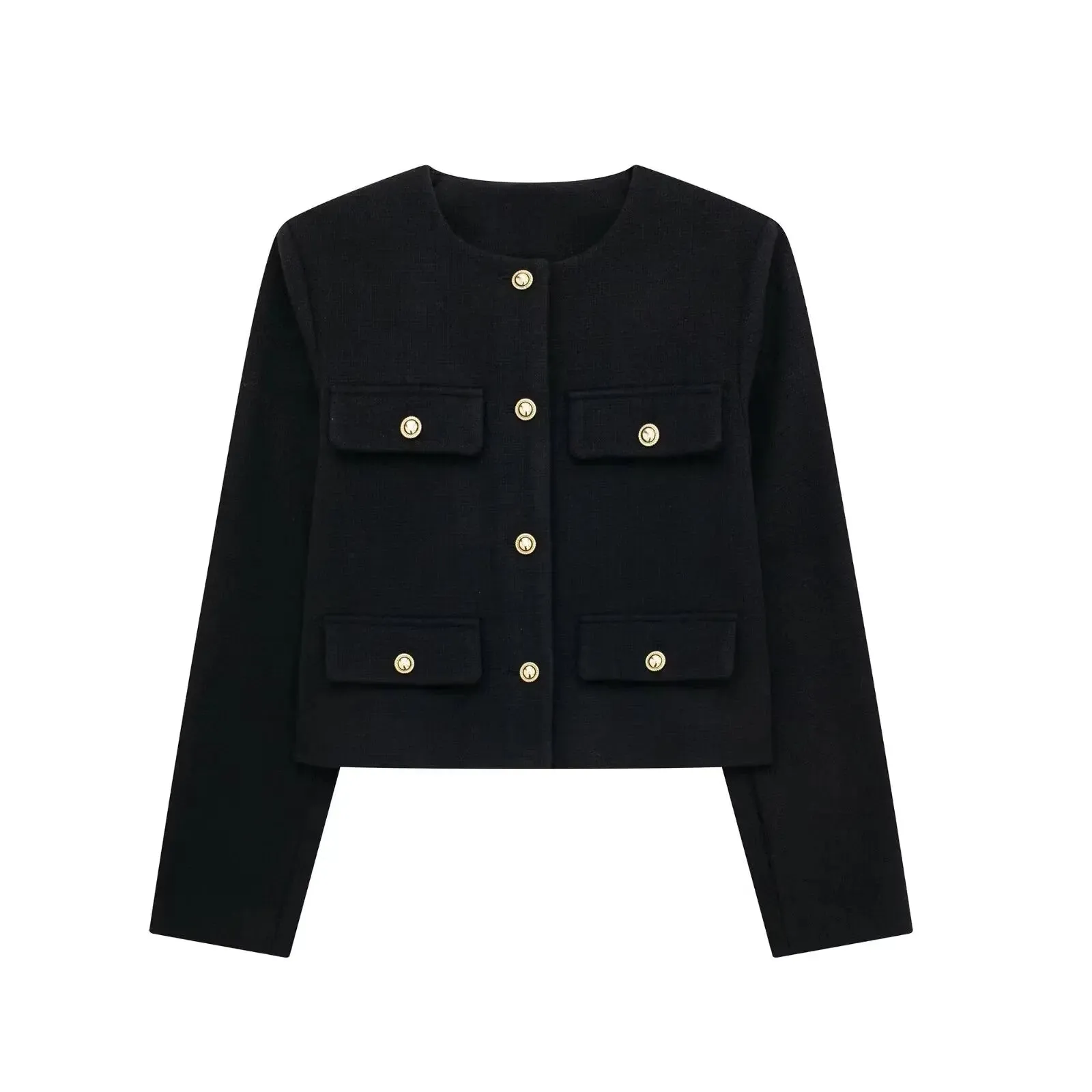 Trafza Frauen Mode Herbst Winter Einreiher strukturierte Rundhals ausschnitt Flip Pocket kurze Jacke Mantel schicke Damen Tops Mujer