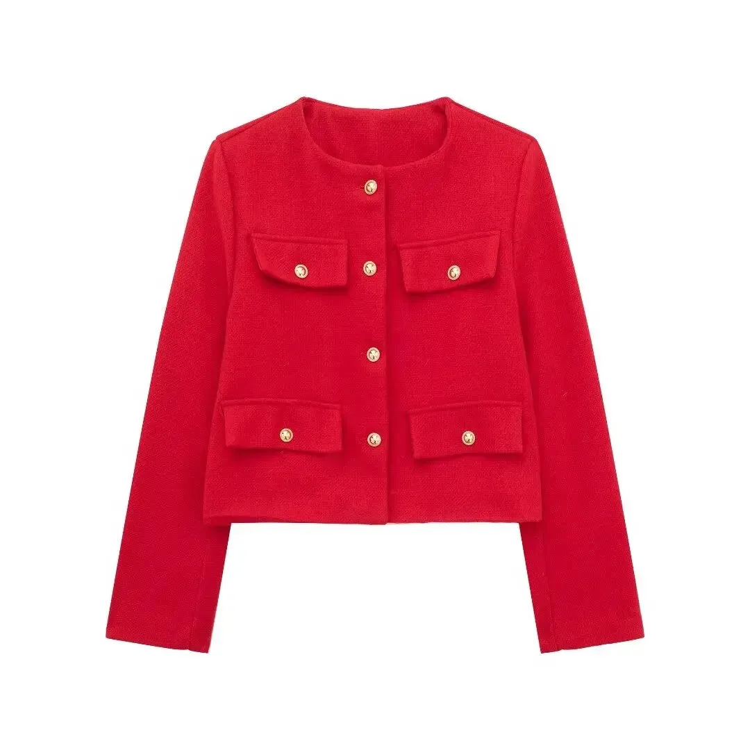 Trafza Frauen Mode Herbst Winter Einreiher strukturierte Rundhals ausschnitt Flip Pocket kurze Jacke Mantel schicke Damen Tops Mujer