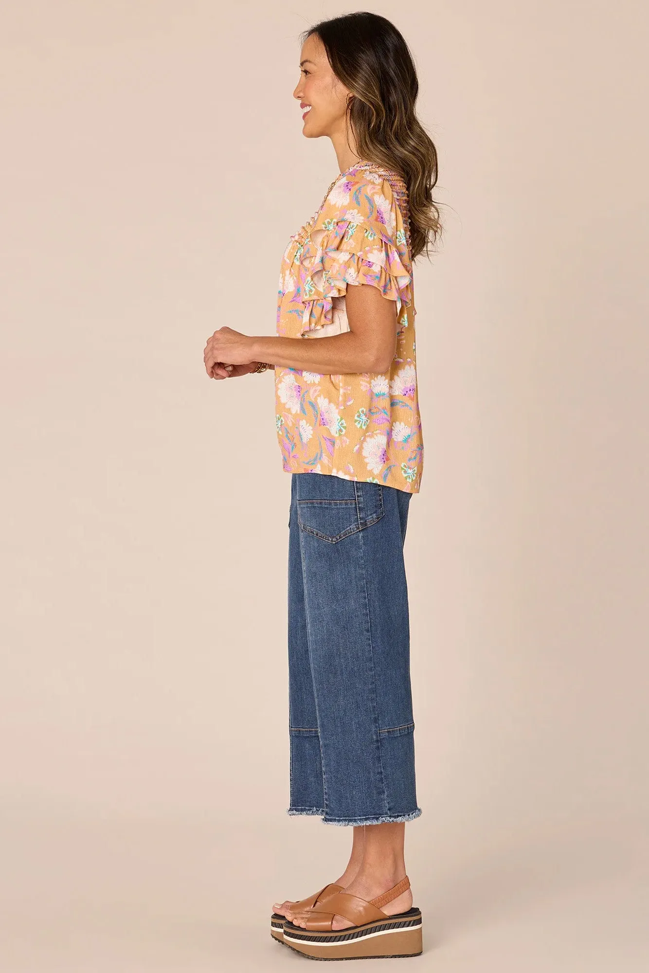 Triple Ruffle Sleeve Woven Top