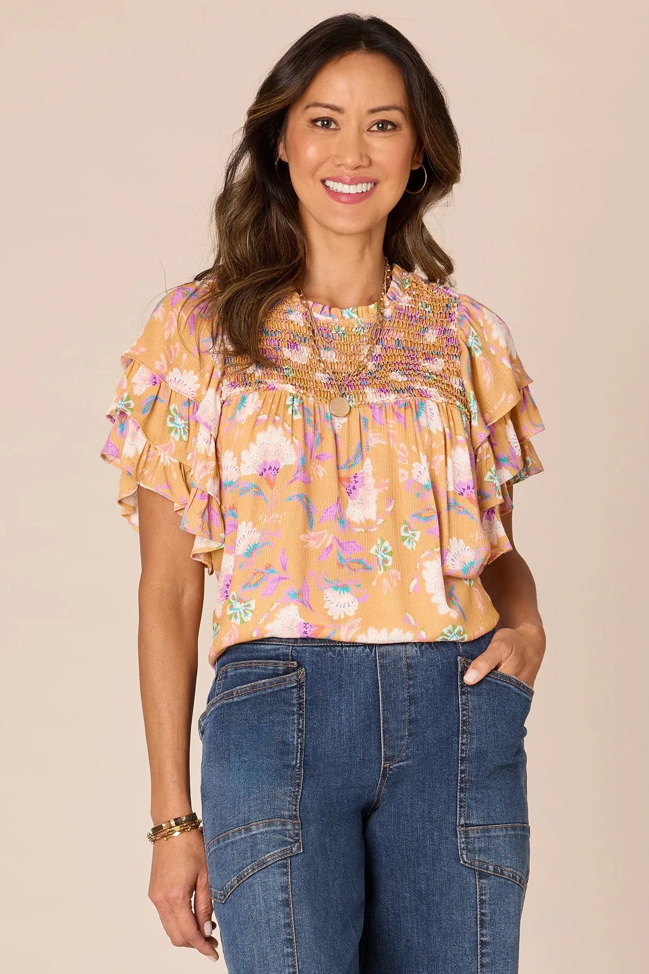 Triple Ruffle Sleeve Woven Top