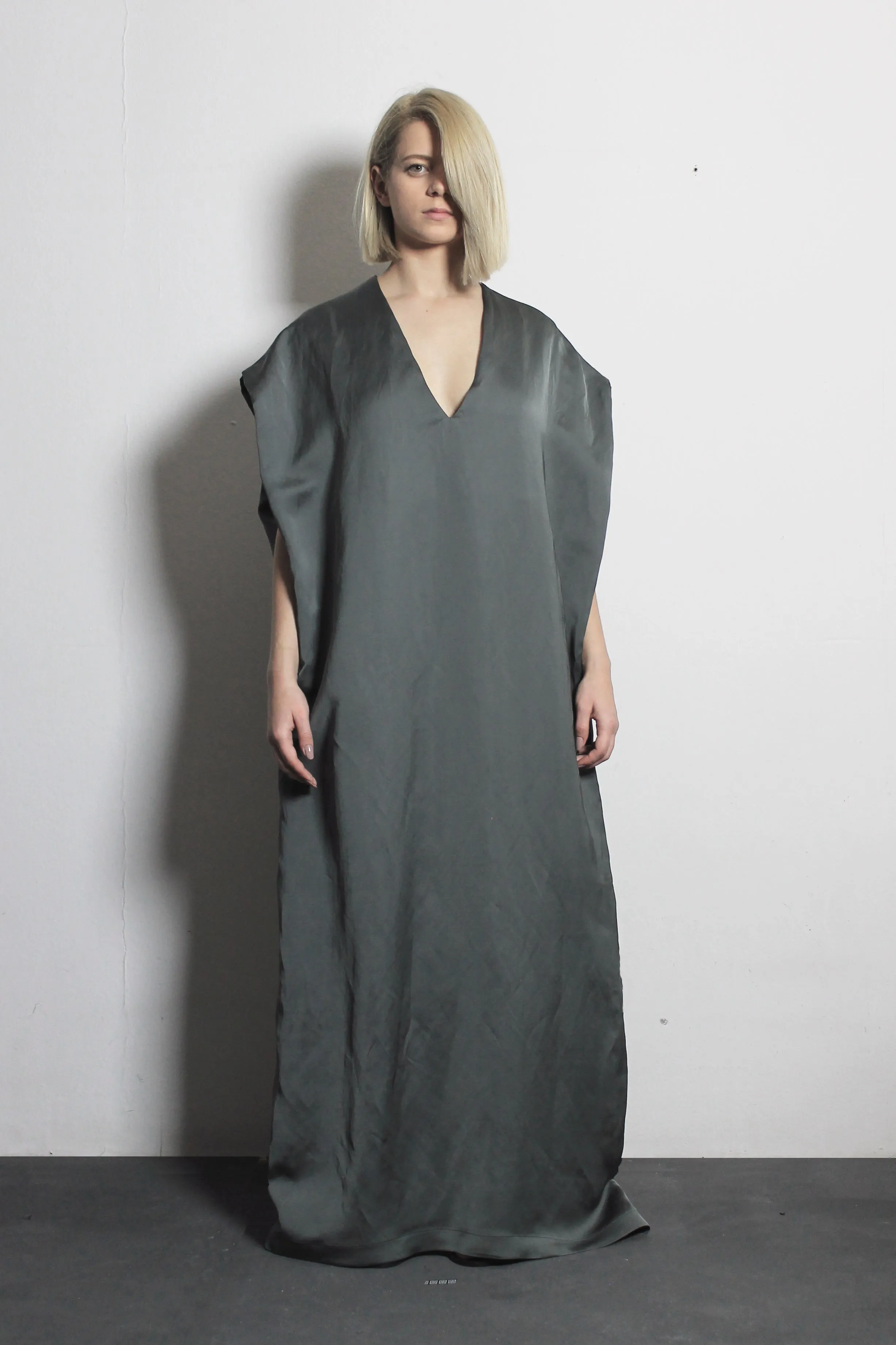 V-neck Olive Satin Dress