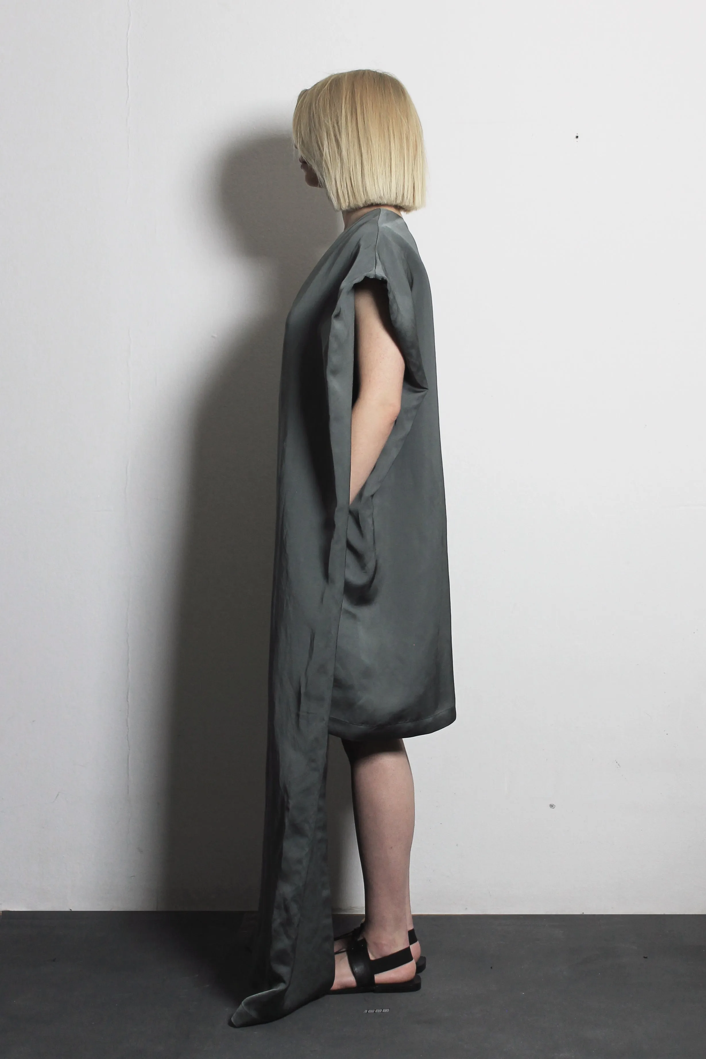 V-neck Olive Satin Dress