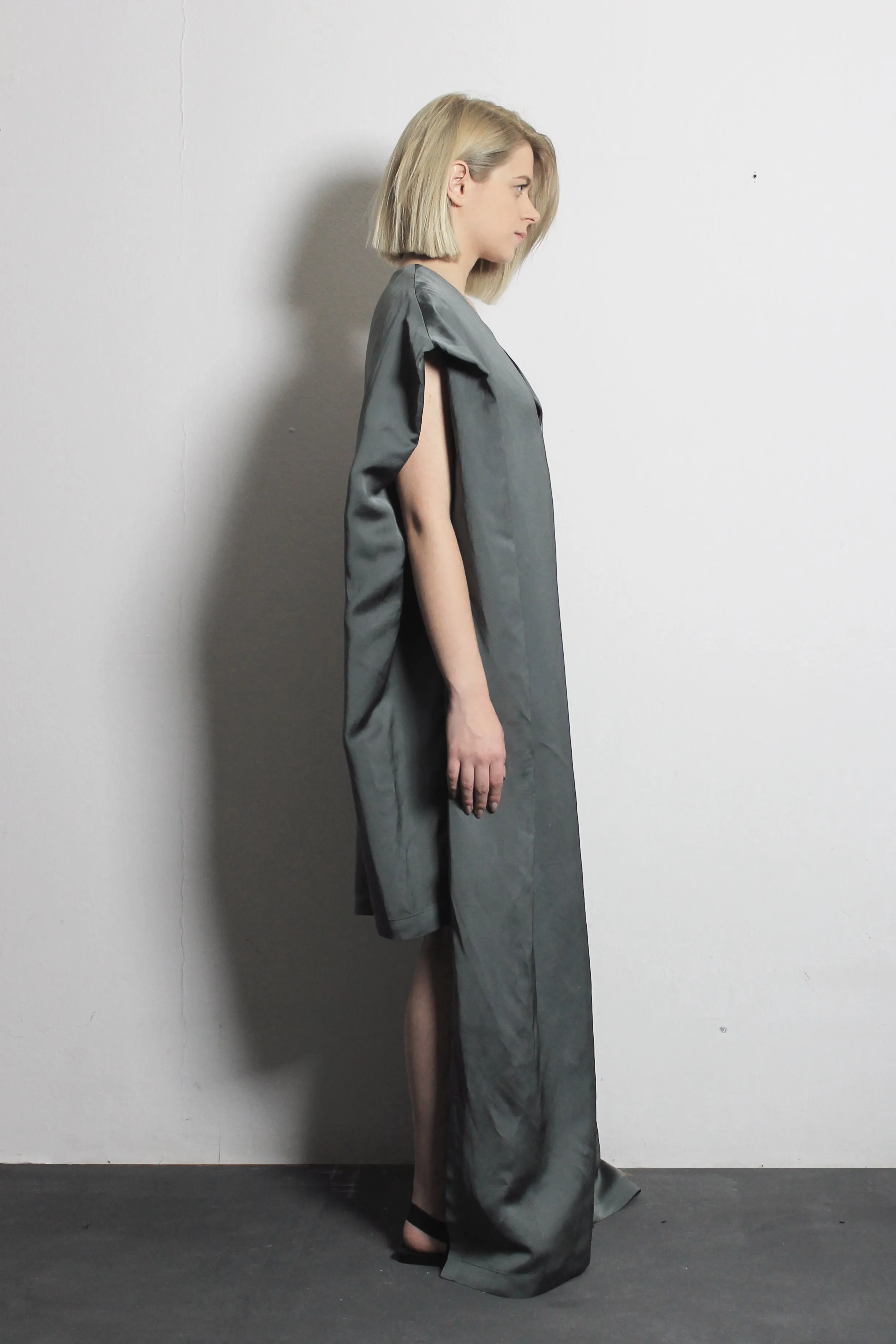 V-neck Olive Satin Dress