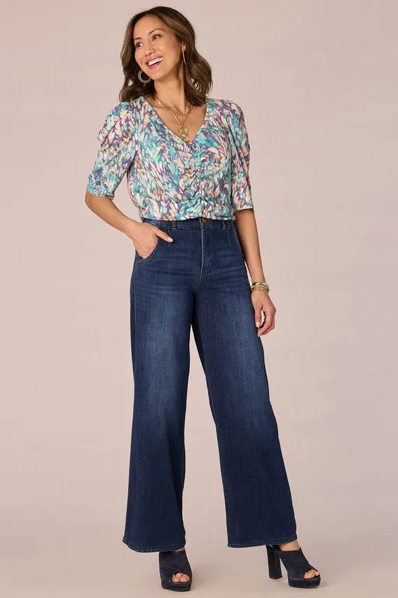 V-Neck Ruched Print Knit Top