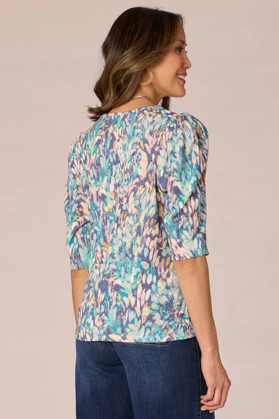 V-Neck Ruched Print Knit Top