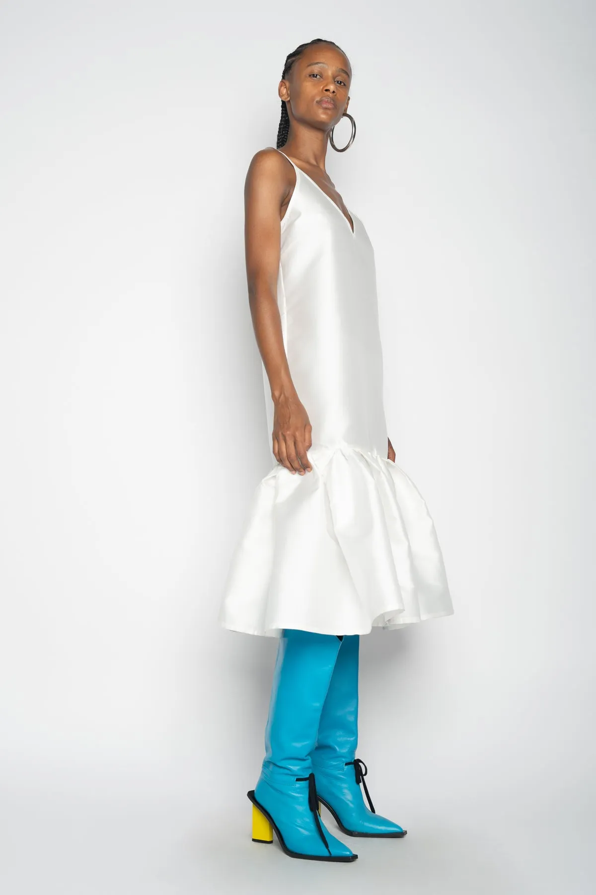 WHITE PUFF HEM SLIP DRESS