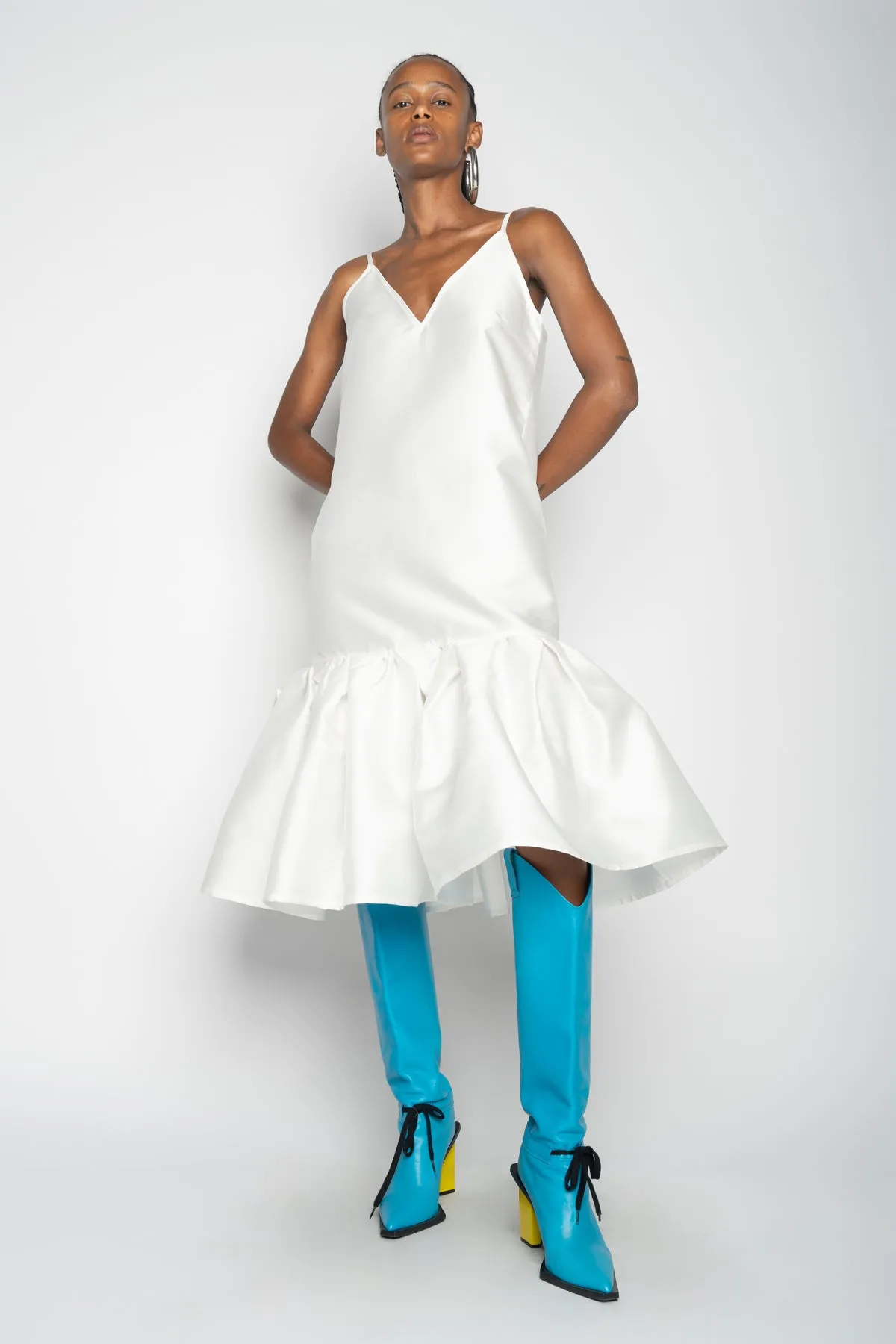 WHITE PUFF HEM SLIP DRESS