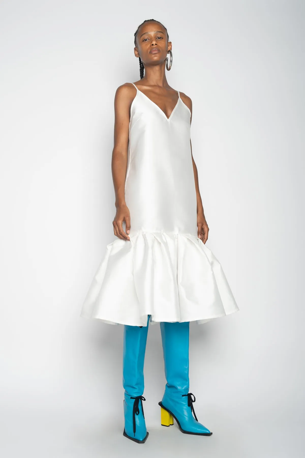 WHITE PUFF HEM SLIP DRESS