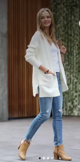 White Waffle Knit Open Cardigan Sweater