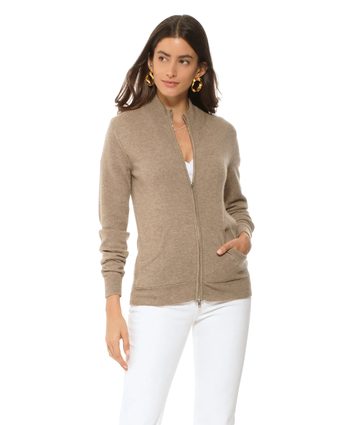 Women's Cashmere Zip Cardigan Taupe
