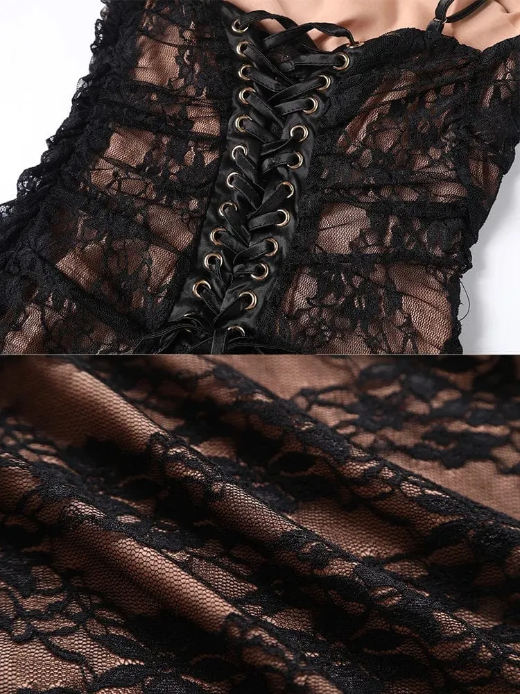 Women's Elegant Black Lace Maxi Dress – 2-Piece Formal Occasion Set with Lace-Up Detail