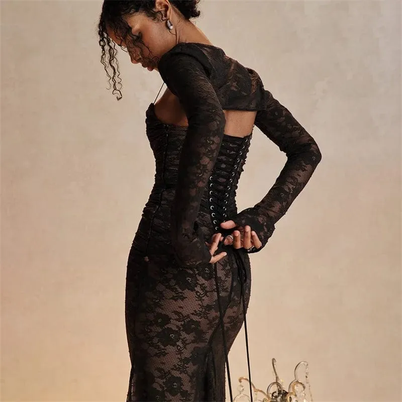 Women's Elegant Black Lace Maxi Dress – 2-Piece Formal Occasion Set with Lace-Up Detail
