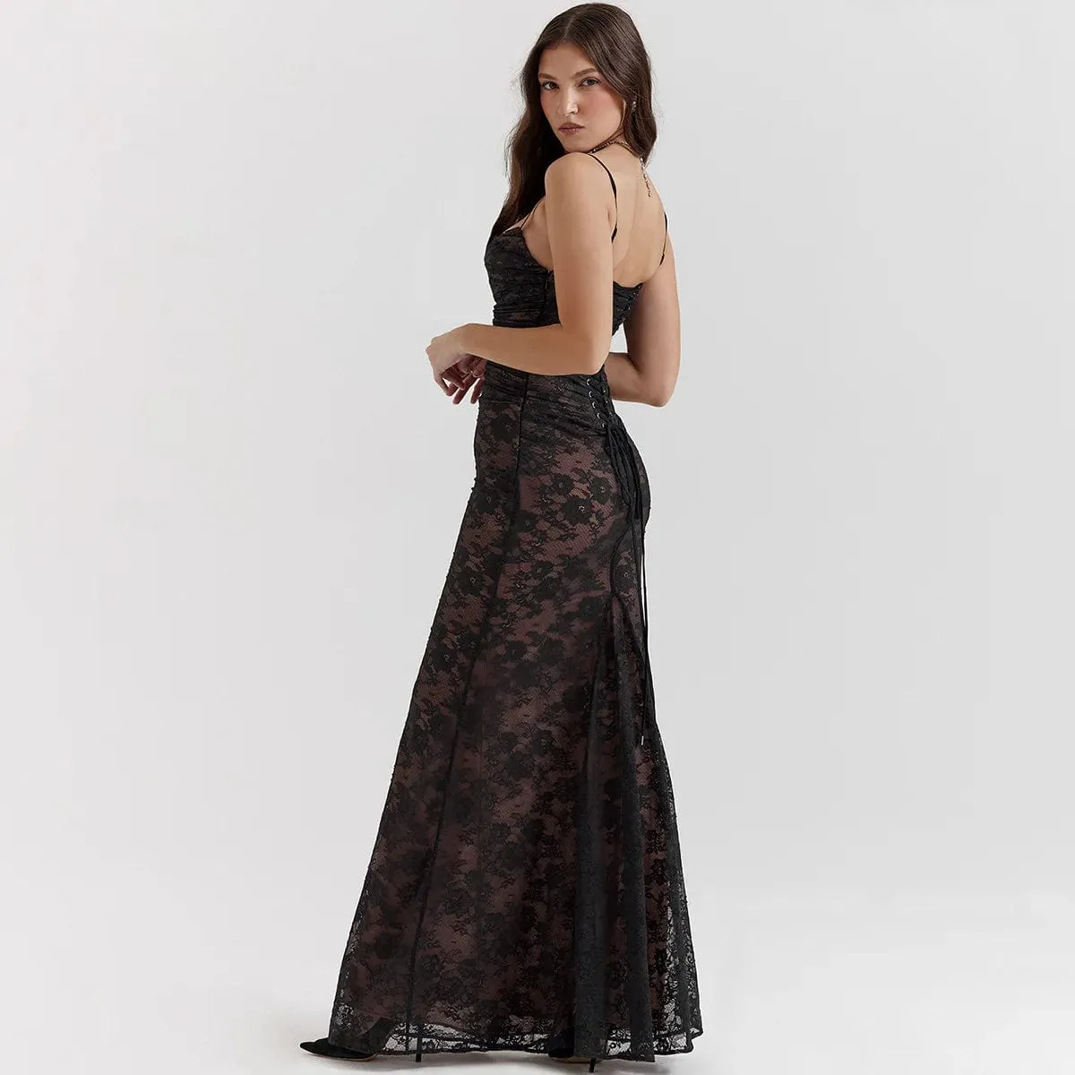 Women's Elegant Black Lace Maxi Dress – 2-Piece Formal Occasion Set with Lace-Up Detail