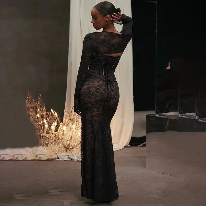 Women's Elegant Black Lace Maxi Dress – 2-Piece Formal Occasion Set with Lace-Up Detail