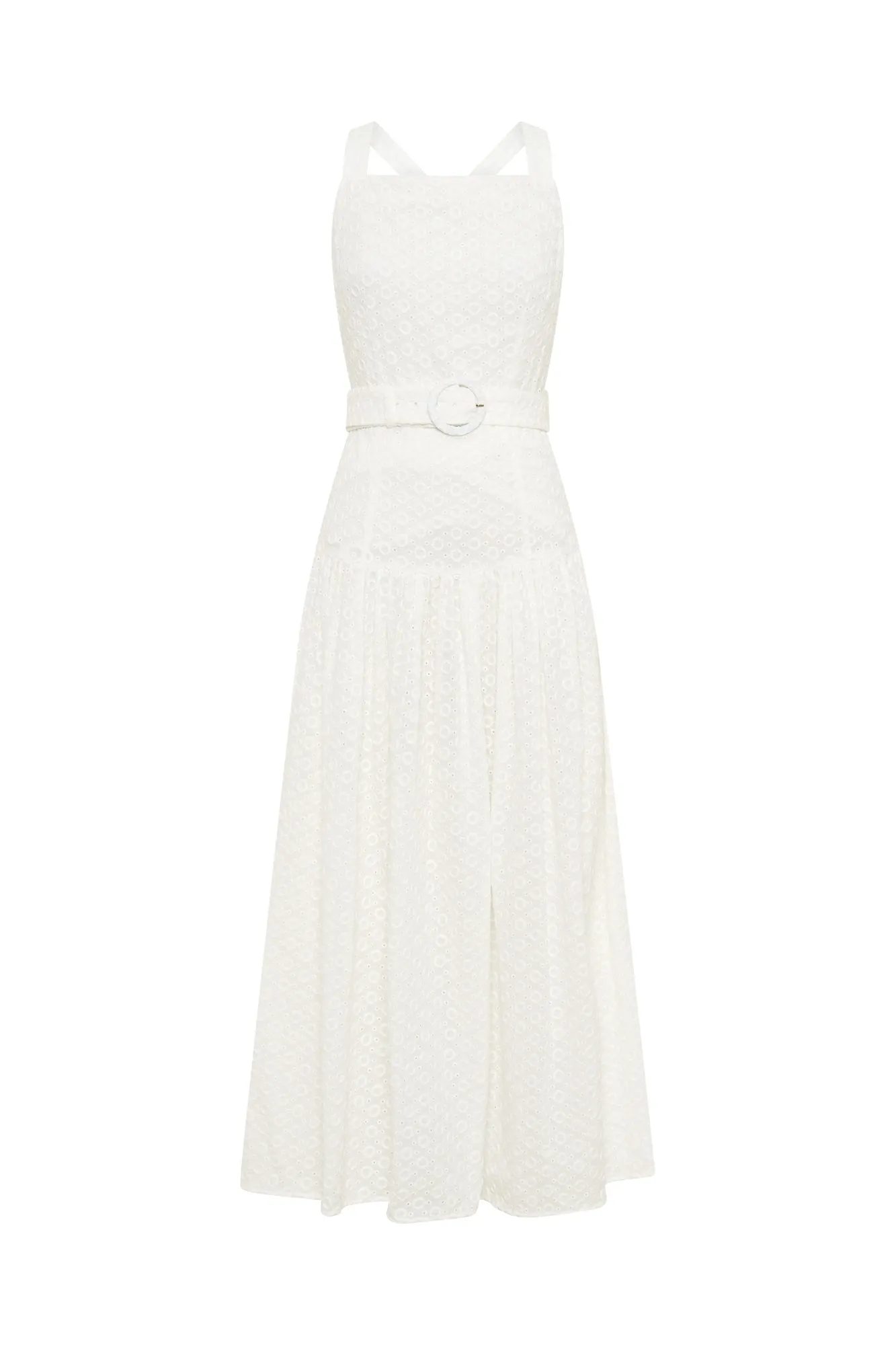 YASMINE CROSS BACK CIRCULAR BELTED MIDI DRESS - Milk