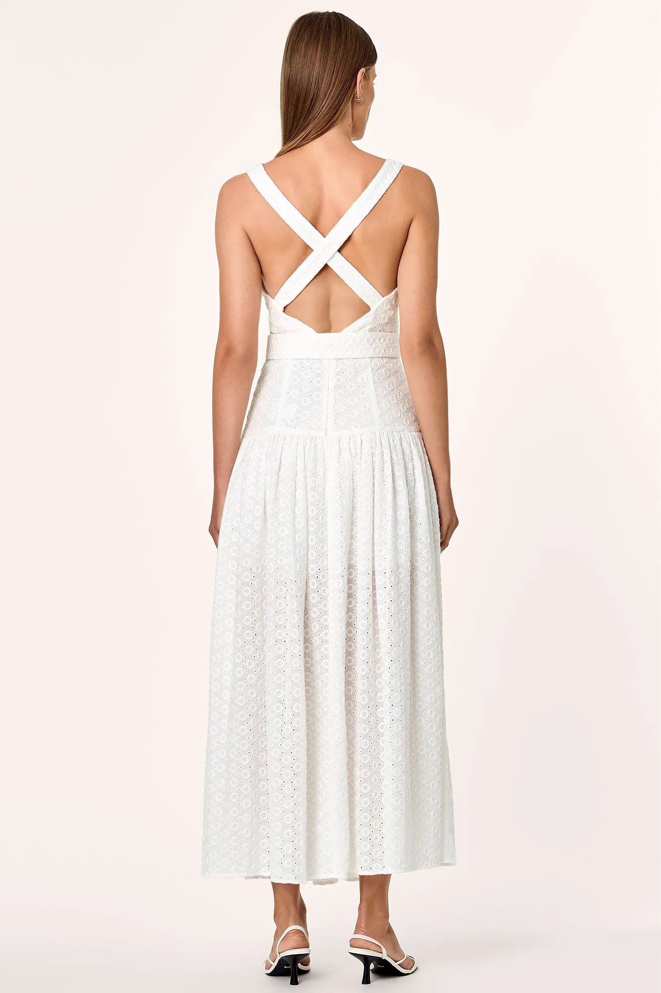 YASMINE CROSS BACK CIRCULAR BELTED MIDI DRESS - Milk