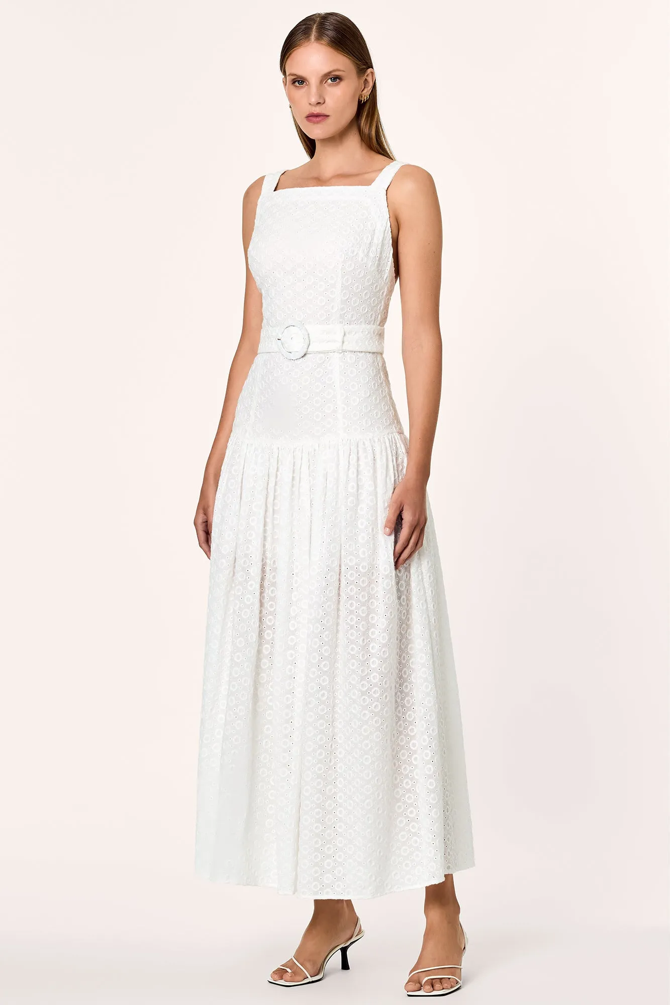 YASMINE CROSS BACK CIRCULAR BELTED MIDI DRESS - Milk