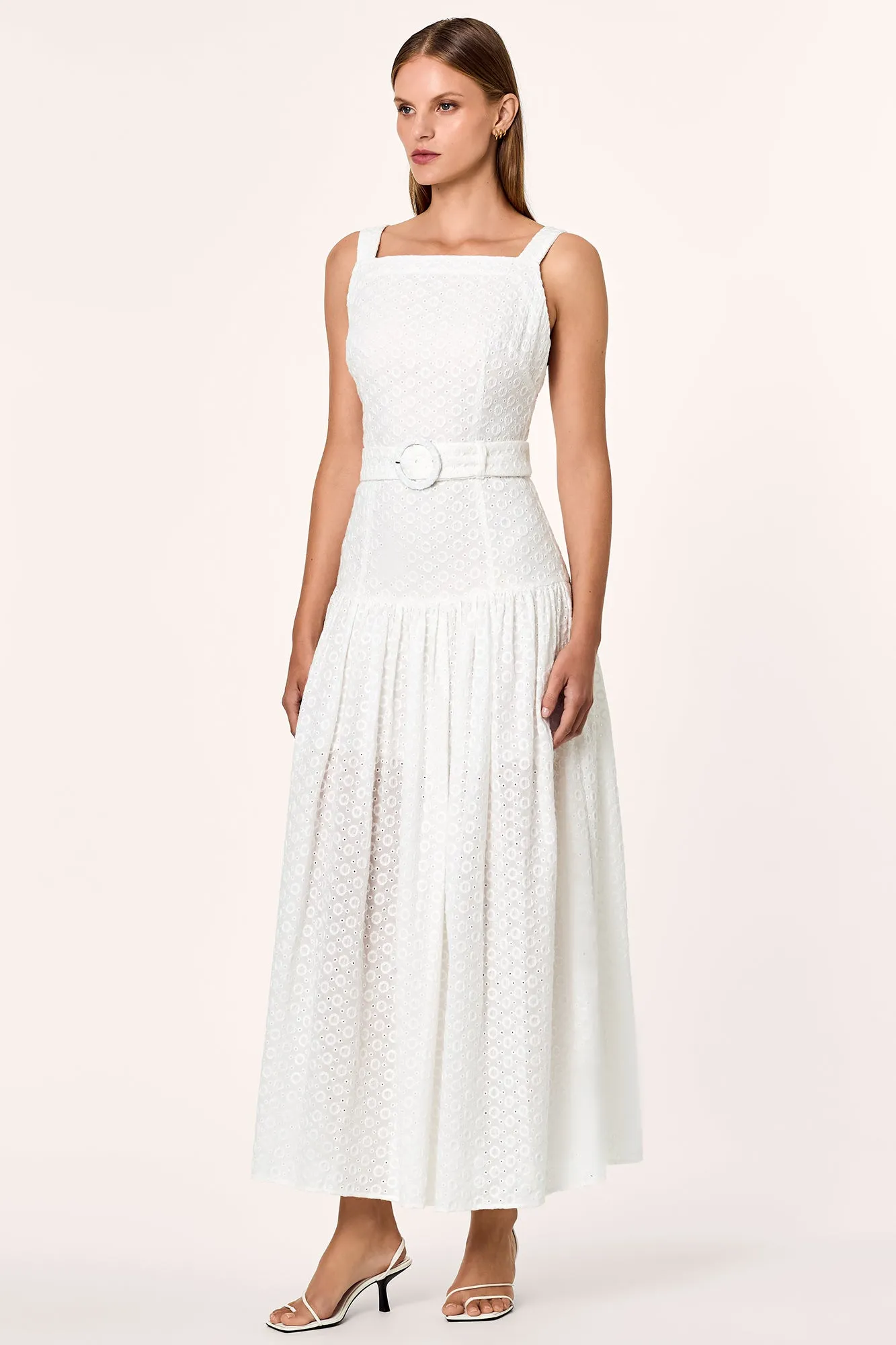 YASMINE CROSS BACK CIRCULAR BELTED MIDI DRESS - Milk